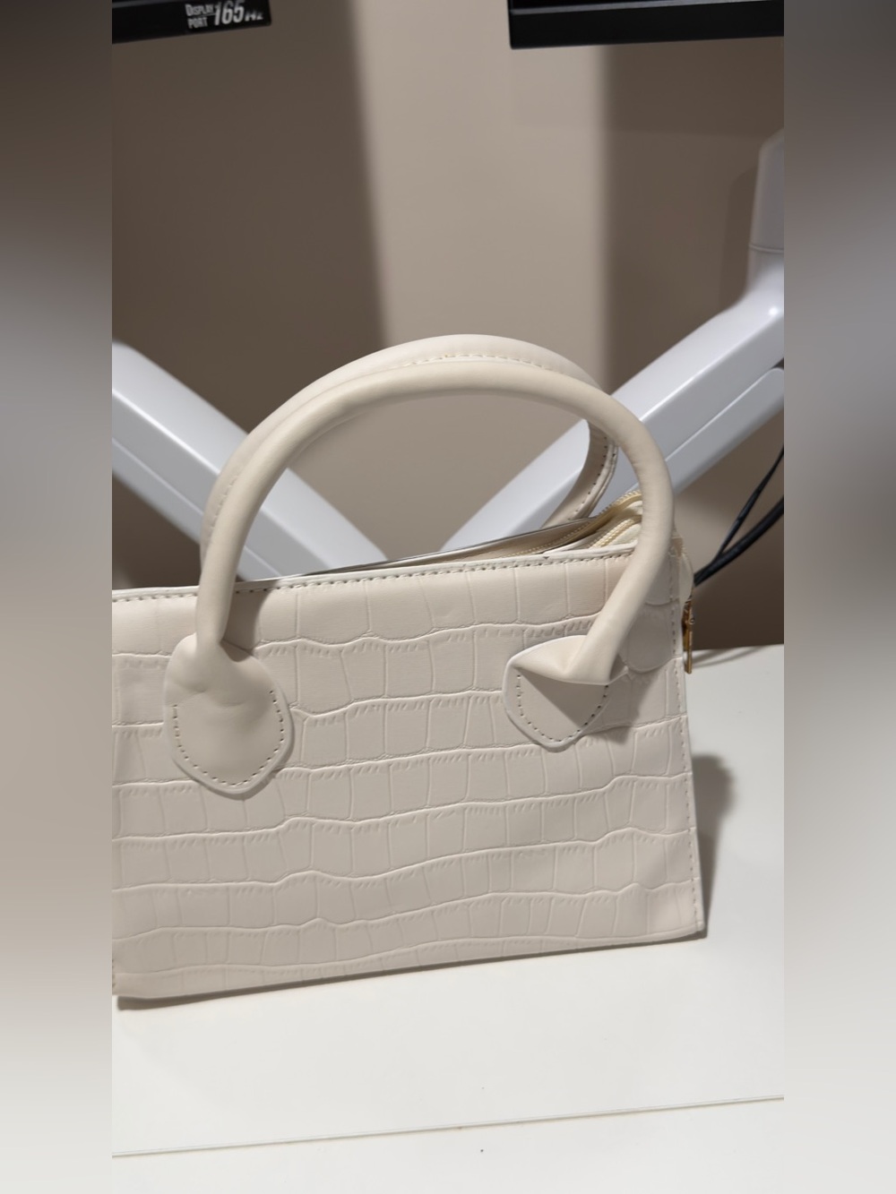 Structured Cream Croc-Embossed Top-Handle Bag